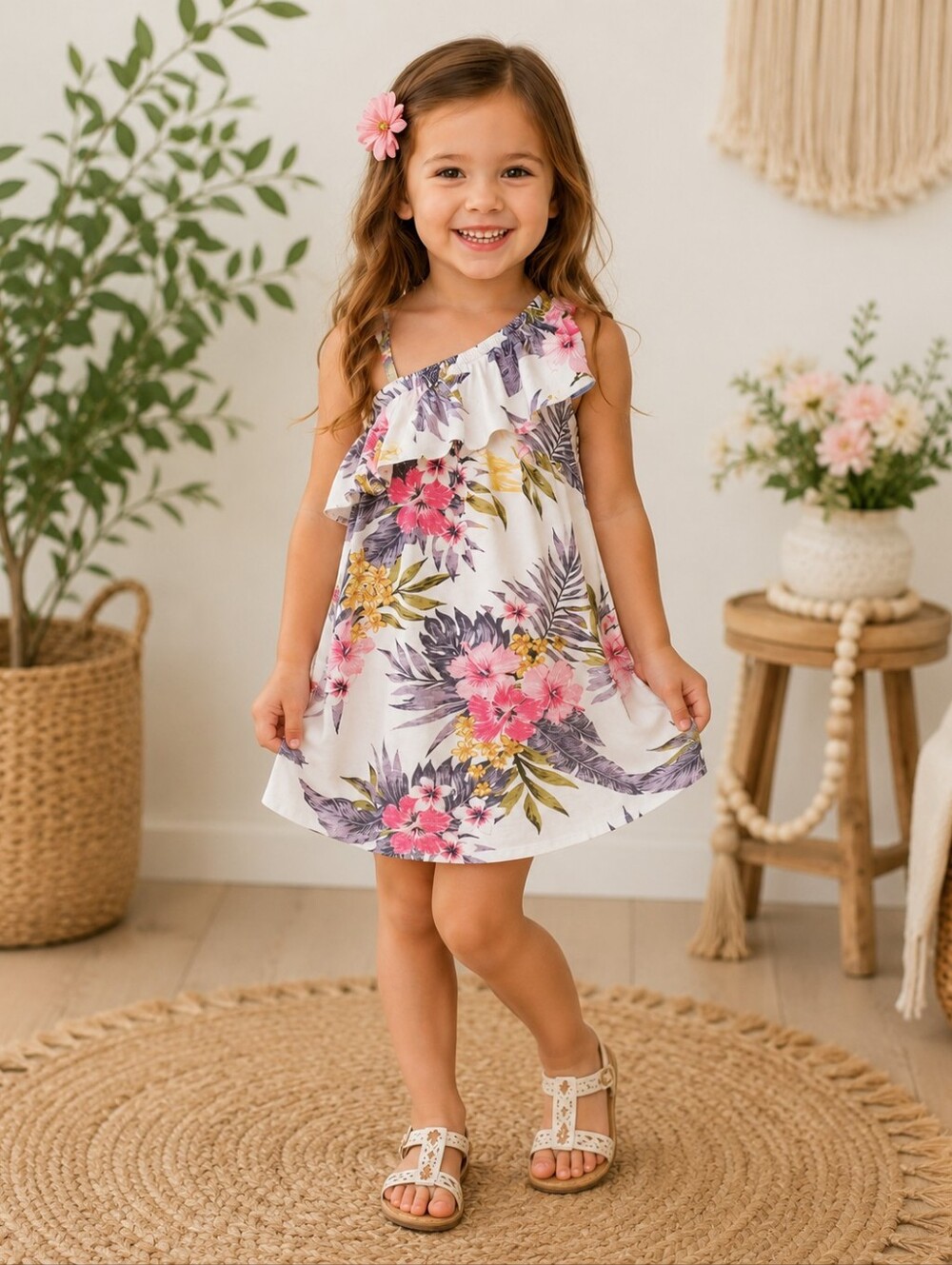 Jessica Simpson Girls One Shoulder Tropical Floral Dress Size 4